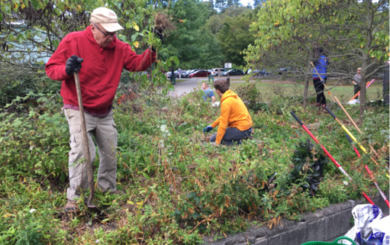 Delaware Water Gap NRA staff and volunteers participate in a volunteer project at the Milford Beach plaza.