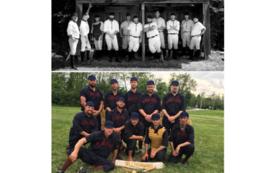 2 photos of men wearing vintage baseball uniforms, a black and white of men in white uniforms that read "Delhi" and a color photo of men in blue uniforms with "Mountain" written in red letters, and a baseball bat bag at their feet that reads "Fleischmanns"